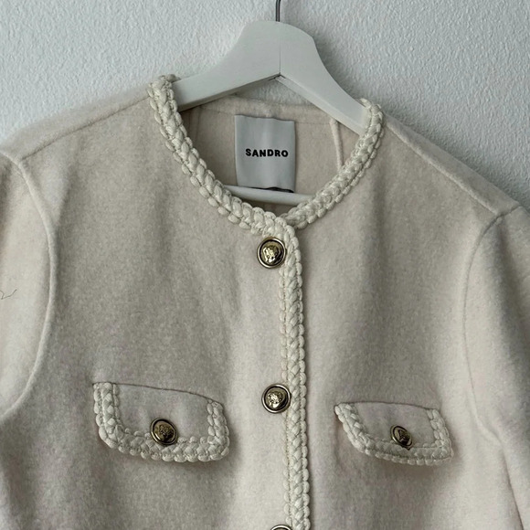 Sandro Cream Preppy Coat with Braided Trim - Picture 9 of 10